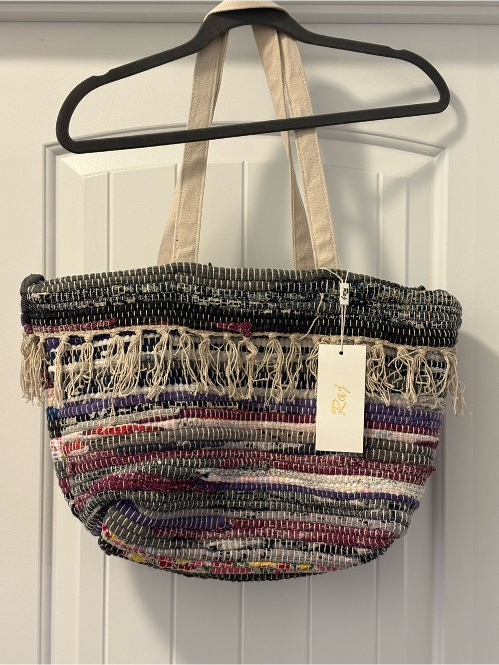 Raj Anthropologie Handwoven Multicolor Fringe Tote Bag - Cream Handles NWT